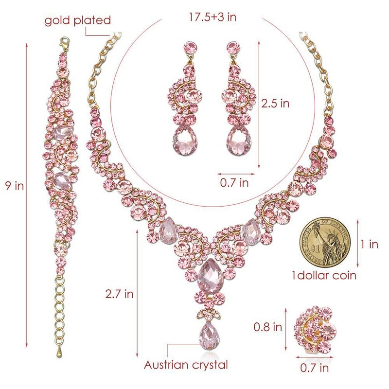 CSY 4 Pcs/Sets Elegant Crystal Necklace Earrings Bracelet Ring Bridal Wedding Costume Jewelry Sets for Brides Women Gifts (Gold Plated-Pink) - Image 2